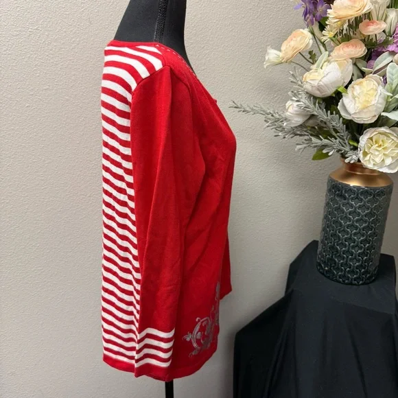 Peter Nygard Red Embellished Knit Top XL 3/4 Sleeve Striped Cuffs - Picture 5 of 9